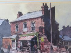 GEORGE BUSBY (1926-2005). A street scene with figures 'Shop. Stoney Lane' see verso, signed and