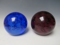 TWO LARGE COLOURED GLASS WITCHES BALL / BUBBLE INCLUSION PAPERWEIGHTS, approx Dia 15 cm