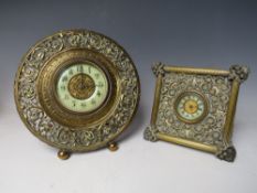 A LATE 19TH /EARLY 20TH CENTURY FRENCH BRASS EASEL BACK MANTEL CLOCK WITH PIERCED DECORATION, the