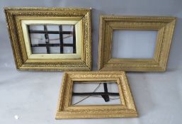 THREE 19TH CENTURY GOLD FRAMES, average frame W 7 cm, rebates 28 x 18 cm, 31 x 21 cm, 37 x 27 cm