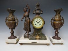 A LATE 19TH / EARLY 20TH CENTURY FRENCH FIGURAL 'PRINTEMPS' CLOCK GARNITURE, the enamel dial with