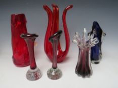 A COLLECTION OF VINTAGE WHITEFRIARS AND CONTINENTAL STUDIO ART GLASS VASES ETC, tallest H 30 cm (6)