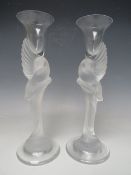 A PAIR OF IGOR CARL FABERGE OPALESCENT AND CLEAR GLASS CANDLESTICKS, late 20th century, the