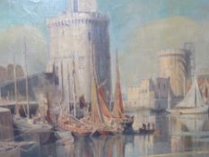 AN EARLY 20TH CENTURY CONTINENTAL COASTAL TOWN SCENE, with boats and figures, indistinctly inscribed