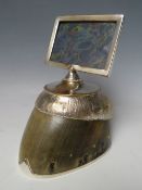 AN EARLY 20TH CENTURY WHITE METAL EQUESTRIAN HOOF PHOTOGRAPH FRAME, the mount engraved 'Safety