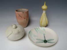 A COLLECTION OF FOUR ITEMS OF 20TH CENTURY STUDIO POTTERY, to include a dragonfly embellished plate,