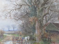HENRY CHARLES FOX (1860-1925). A rural wooded landscape with horses, cart and figures crossing a