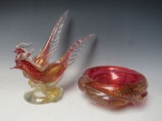 A MURANO FIGURAL GROUP OF TWO BIRDS ON A BRANCH, with gold leaf inclusions and bubble effect to