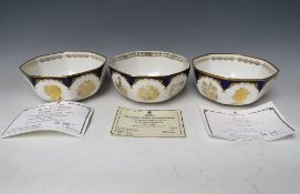 A COLLECTION OF THREE ROYAL WORCESTER COMMEMORATIVE OCTAGONAL BOWLS, celebrating the Golden