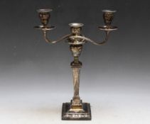 A HALLMARKED SILVER THREE BRANCH CANDELABRA - SHEFFIELD 1898, having a 'filled' base, H 39.5 cm