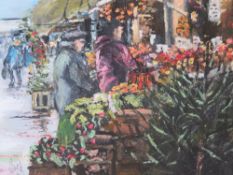 A CONTINENTAL MARKED SCENE WITH FIGURES AT FRUIT STALL, indistinctly signed and dated 1983 lower