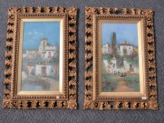 XIX. Italian school, a pair of rural village scenes with figures, indistinctly singed lower right,