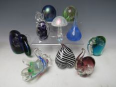 A COLLECTION OF GLASS PAPERWEIGHTS AND STUDIO GLASS FIGURES, to include three figures of elephants