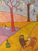 IBRAHAM A RODRIGUEZ (XX). Modernist wooded landscape with figures and a door, signed lower right,