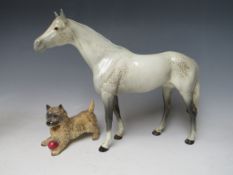 A BESWICK CERAMIC BOIS ROUSSEL RACEHORSE FIGURINE IN DAPPLE GREY, together with a Beswick Cairn