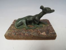 A 19TH CENTURY BRONZED GREYHOUND, on a rectangular marble base, L 15 cm
