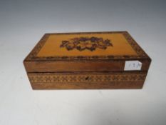 A VICTORIAN TUNBRIDGE LADIES JEWELLERY BOX, with typical floral and inlaid detail throughout, W 18