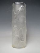A LALIQUE BUDGERIGAR PATTERN FROSTED GLASS VASE WITH RAISED DECORATION, signed 'Lalique France' to