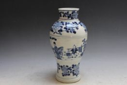 A CHINESE BLUE AND WHITE BALUSTER VASE, with typical decoration and six character mark to base, H 24