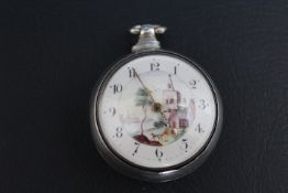 A HALLMARKED SILVER PAIR CASED PICTURE ENAMEL DIAL POCKET WATCH BY J E MASON - WORCESTER, numbered