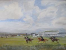 H.G. BUXTON. Racecourse scene with jockeys giving the horses training runs, signed and dated 1995