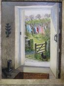 STEPHEN J DERBYSHIRE (1940). 'Washing on the Line', signed lower left, oil on board, framed, 23 x