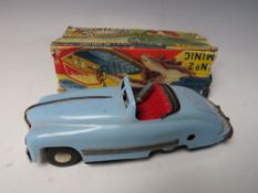 A VINTAGE CLOCKWORK TINPLATE MINIC SPORTS CAR, with horn, box and key, L 17 cm, A/F