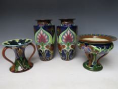 A PAIR OF SHELLEY, LATE FOLEY INTARSIO PATTERN VASES, of shouldered form with typical Art Nouveau