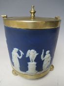 A WEDGWOOD CYLINDRICAL BISCUIT BARREL, impressed marks to base, with white metal mounts, raised on