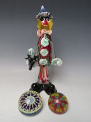 A MURANO GLASS FIGURE OF A CLOWN, H 33 cm, together with a Perthshire paperweight with central 'P'