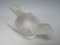 A LALIQUE FROSTED GLASS MODEL OF A BIRD, signed 'Lalique France' to the base, approximate L 13 cm