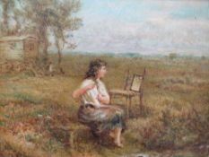 (XIX-XX). Study of two gypsy girls and caravan in wooded landscape, signed lower left, oil on board,