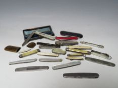 A COLLECTION OF VINTAGE PENKNIVES ETC, to include a selection of mother of pearl handled examples,