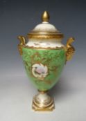 A COALPORT TWIN HANDLED CABINET VASE AND COVER, H 24 cm S/DCondition Report:The finial has been
