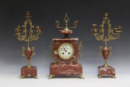 A 19TH CENTURY CONTINENTAL MARBLE AND GILT METAL CLOCK GARNITURE BY A.D. MOUGIN, clock H 42 cm,