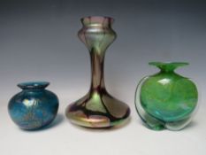 A MDINA SHAPED STUDIO GLASS VASE, together with a Royal Brierley blue lustre posy vase and an