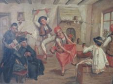 A LATE 19TH / EARLY 20TH CENTURY INTERIOR SCENE, with seated priest, dancers and musicians,