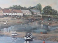 FAYE (XX). British school, coastal fishing village with moored and beached boats in estuary,