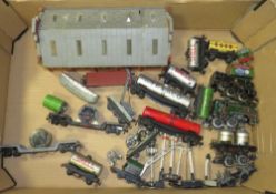 A BOX CONTAINING AN ASSORTMENT OF MODEL RAILWAY CARRIAGES, signals, buildings and engines
