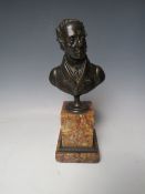 A 19TH CENTURY BRONZE BUST ON MARBLE PEDESTAL, depicting a classical gentleman, H 24.5 cm