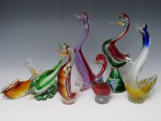 A COLLECTION OF MURANO AND STUDIO GLASS DUCK FIGURES, tallest H 32 cm, together with two studio