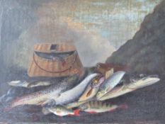 (XVIII-XIX). Study of fish and a creel on a bank, pike, perch, trout etc, unsigned, oil on canvas,