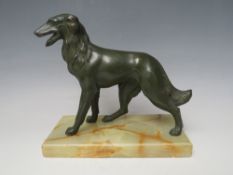 A 20TH CENTURY BRONZED HOUND, standing on a rectangular marble base, H 19.5 cm, W 20.5 cm
