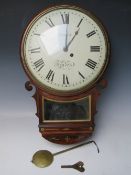 A SINGLE FUSEE DROP DIAL WALL CLOCK - COATES OF LONDON, the wooden case with brass inlay and