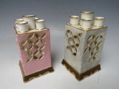 TWO ROYAL WORCESTER 'JAPANESQUE' VASES, of square form, each with five 'flower' tubes, H 12.5