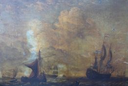 CIRCLE OF PETER VAN DEN VELDE (1634-c1724). Dutch sailing ships in rough seas, oil on canvas,