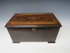 A 19TH CENTURY SWISS CYLINDER MUSIC BOX, playing on three bells, the simulated rosewood case with