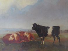 (XIX). British school, cattle resting in a stormy landscape, unsigned, oil on canvas laid on card,
