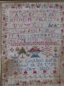 TWO EARLY SAMPLERS, 'Annie' aged 9, framed and glazed 27 x 20 cm and 'Katy Coulson', aged 12,