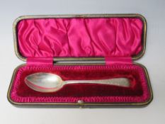 A CASED HALLMARKED SILVER SPOON - SHEFFIELD 1909, makers mark for J.R, probably John Round and Son